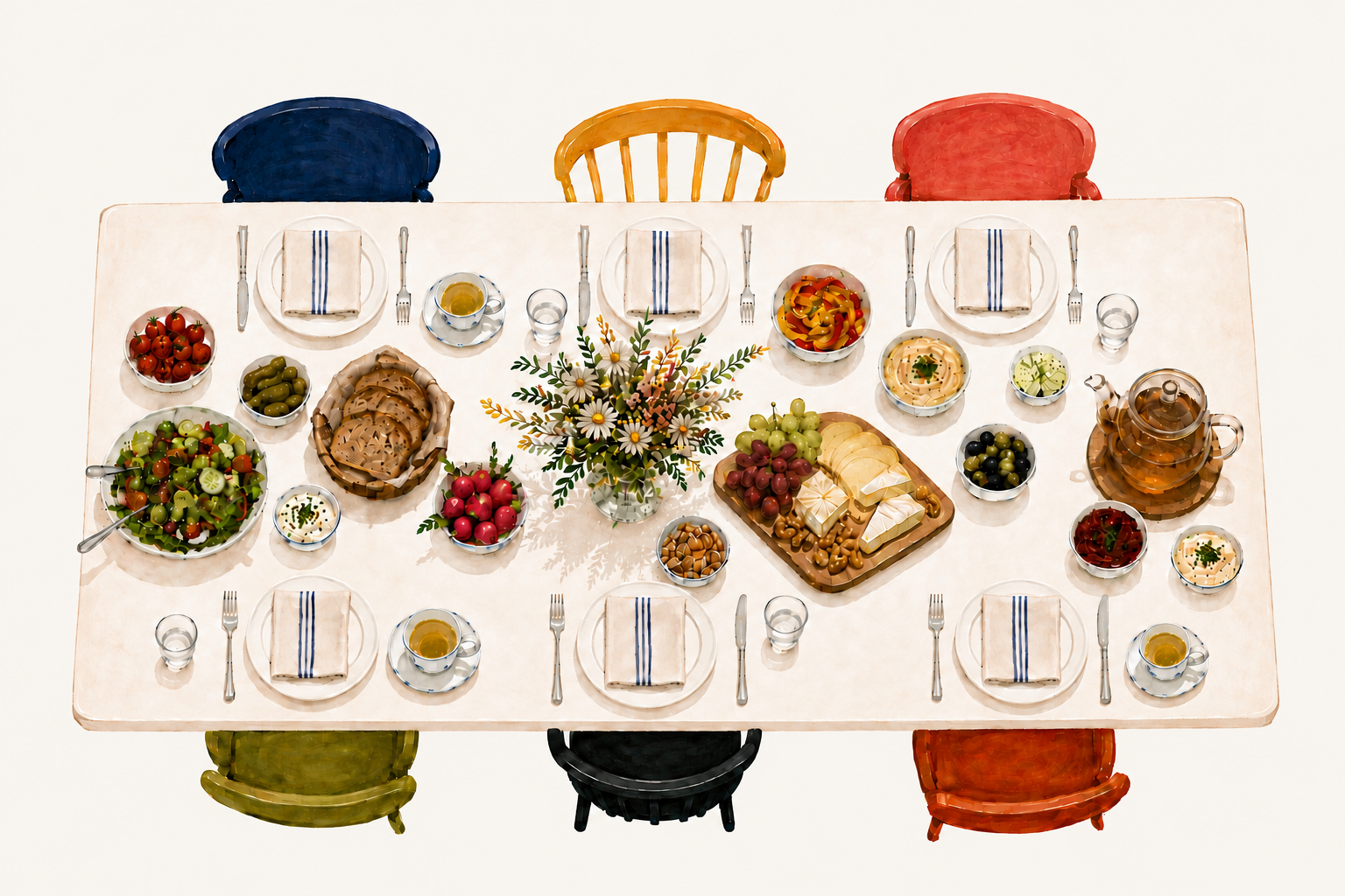 Illustration eines gedeckten Tisches mit sechs Plätzen und gemeinsamem Abendbrot